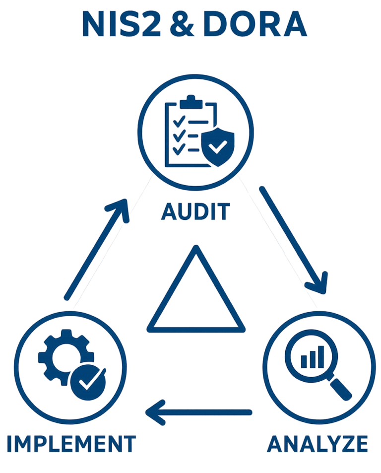 NIS2 and DORA compliance framework infographic showing Audit, Analyze, Implement cycle