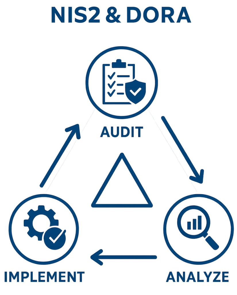 NIS2 and DORA compliance framework infographic showing Audit, Analyze, Implement cycle