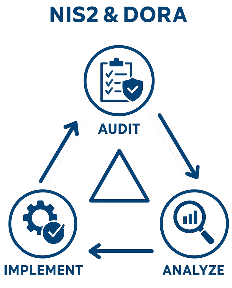 NIS2 and DORA compliance framework infographic showing Audit, Analyze, Implement cycle